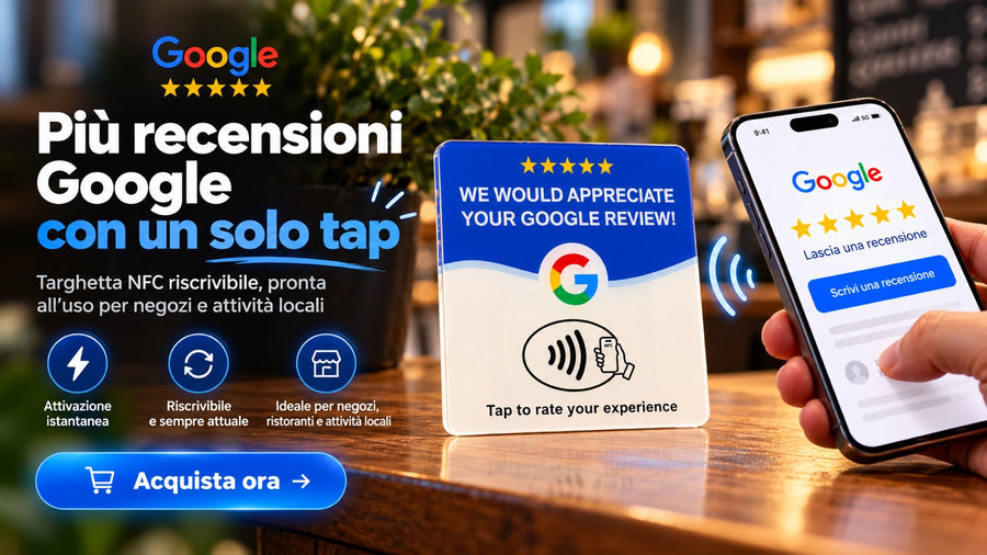 Grafica promozionale TapLocale con supporto NFC sul bancone, composizione illustrativa