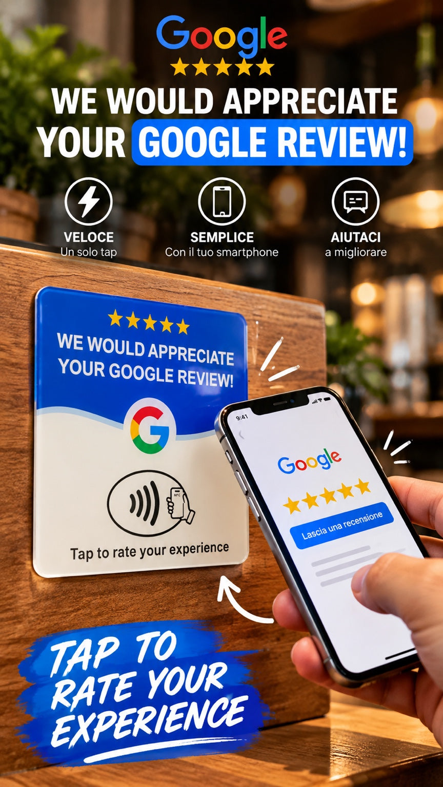 Grafica promozionale NFC con testi e schermata di valutazione a scopo illustrativo